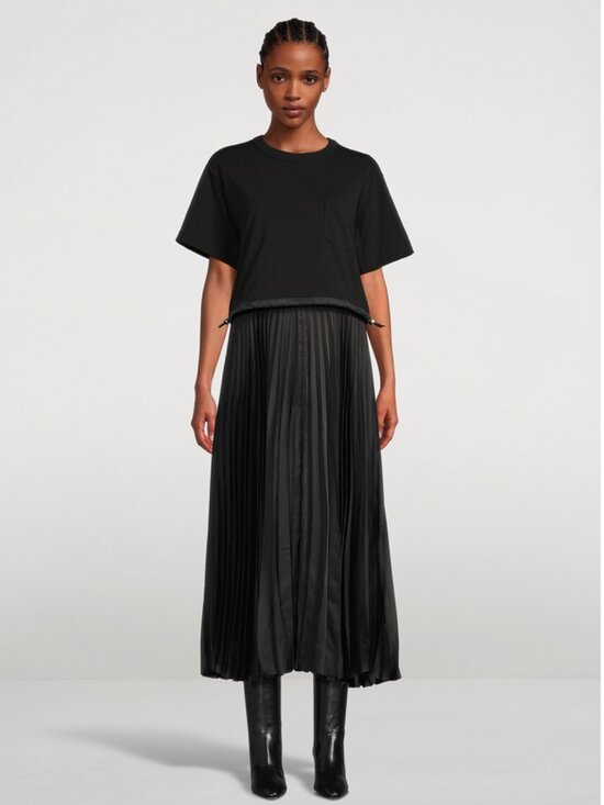 Sacai Dresses & Skirts - SACAI Satin Pleated T-Shirt Dress Black Women 4 Crewneck Short Sleeve Japan Midi